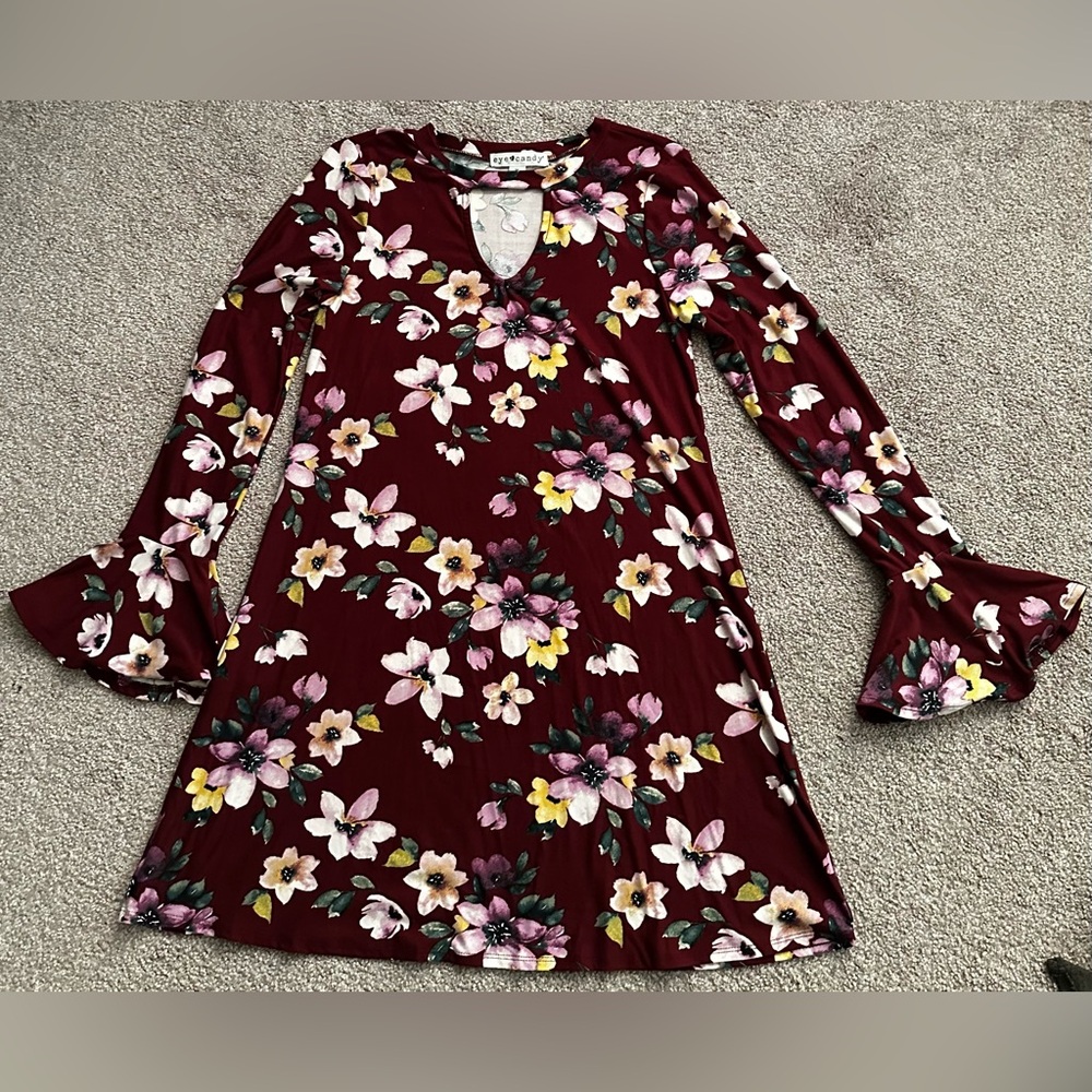 Eye Candy White and Yellow Flower Dress with Bell Sleeves at Wrist